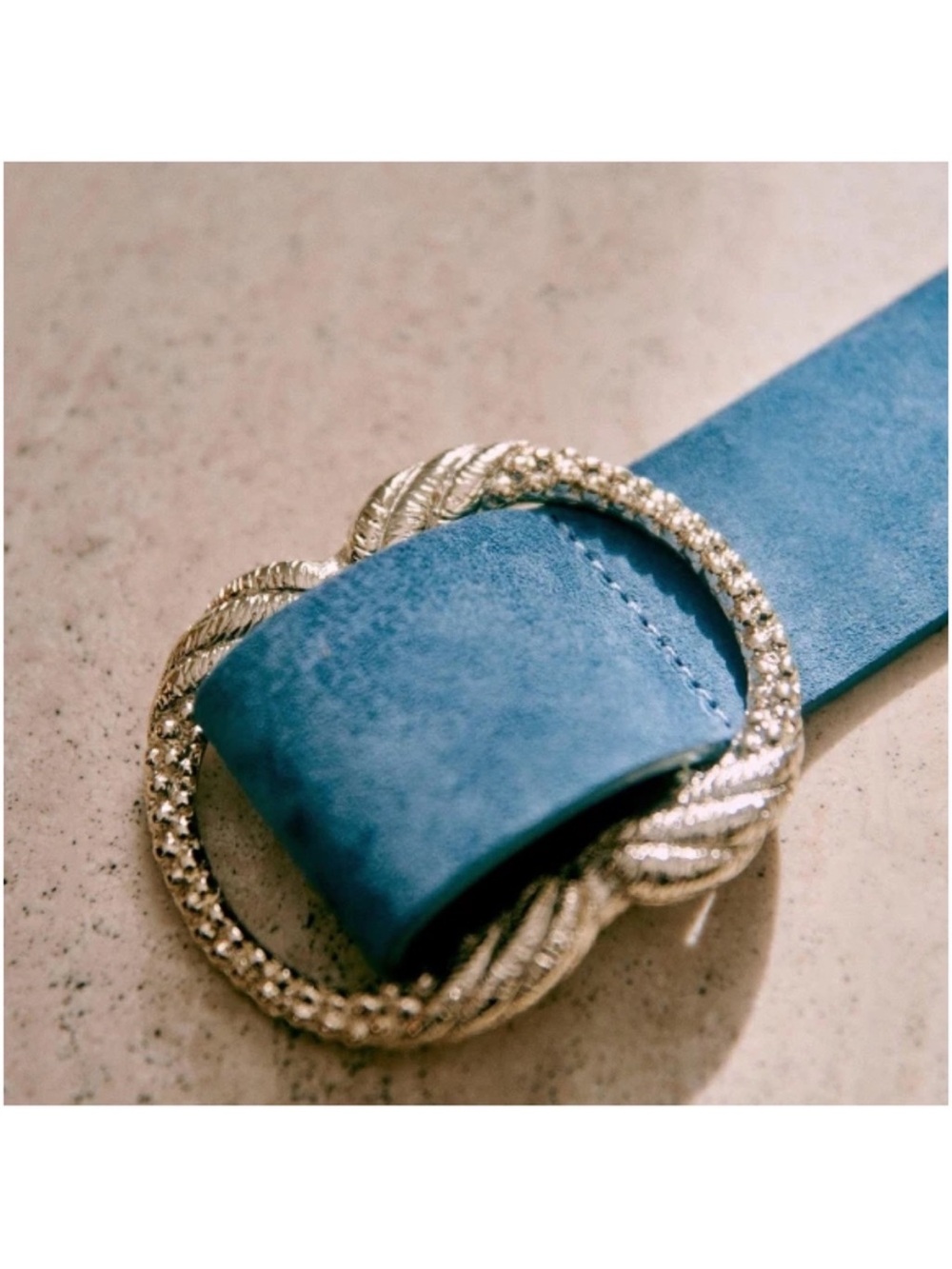 SEZANE Classic Blue Suede Leather Artemis Belt w/ Engraved Gold Brass Buckle - Picture 12 of 14